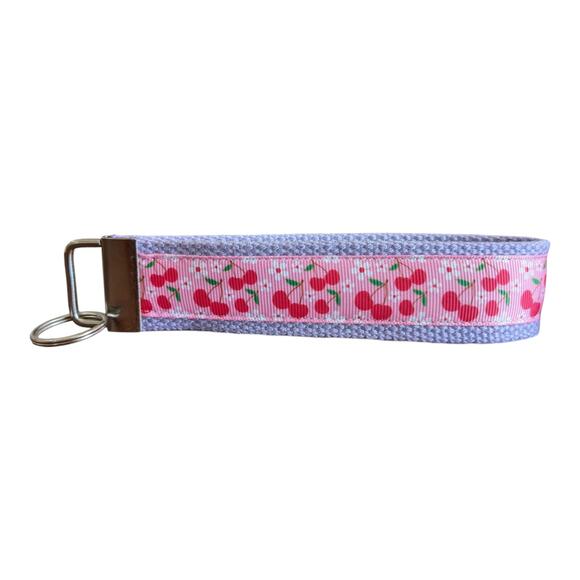 Cherry Keychain Wristlet Handmade Key FOB Cherries Floral Pink Purple Fruit Gift - Picture 1 of 5